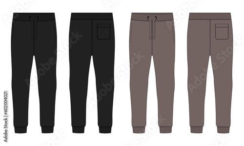 Black and Khaki color Basic Sweat pant technical fashion flat sketch template front, back views. Apparel Fleece Cotton jogger pants vector illustration drawing mock up for men's and boys.