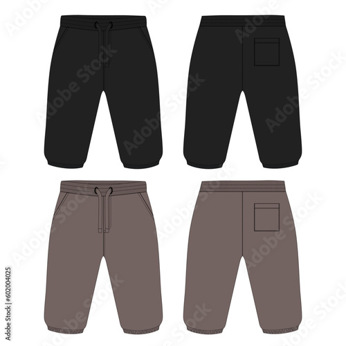 Fleece cotton jersey basic Sweat pant technical fashion flat sketch template front and back views. Apparel jogger pants vector illustration black and khaki color mock up for kids and boys.