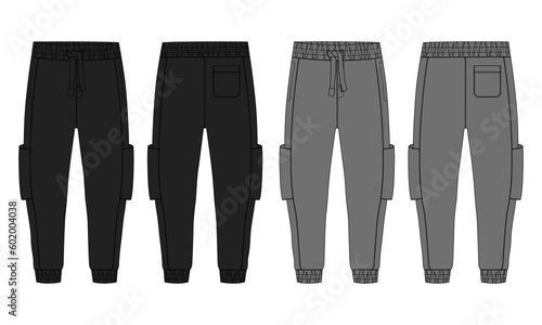 Black and Grey color Basic Sweat pant technical fashion flat sketch template front, back views. Apparel Fleece Cotton jogger pants vector illustration drawing mock up for men's and boys.