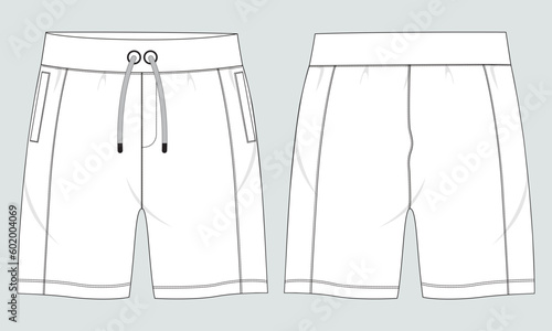 Sweat Shorts pant Technical drawing fashion flat sketch vector Illustration template front and back views.