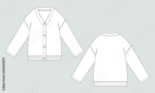 Cardigan technical drawing fashion flat sketch vector illustration template front and back isolated on grey background