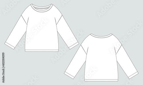 Long sleeve drop shoulder t shirt for women's. technical drawing fashion flat sketch vector illustration template front and back views