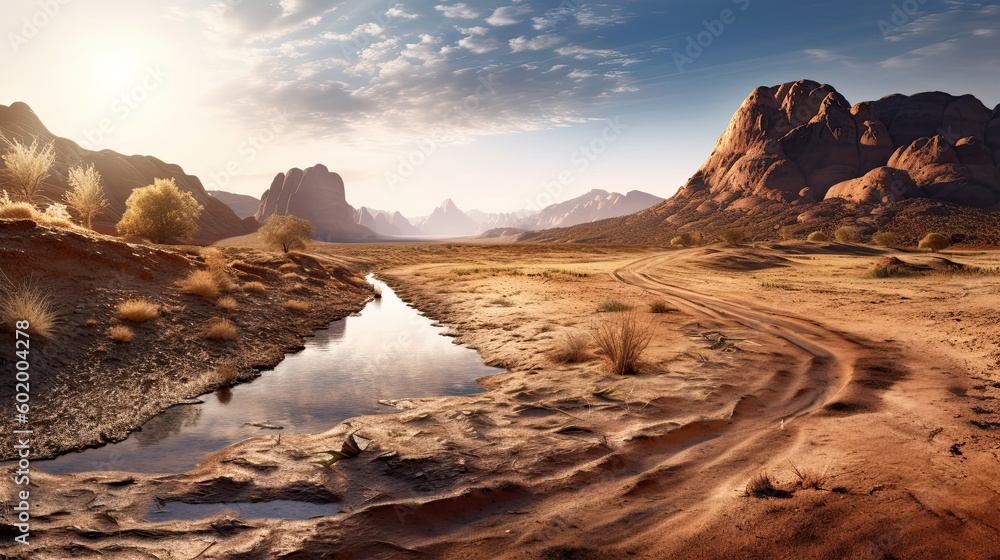 Allegory about climate change. A dirt road and a dry river in the desert near a mountain, in the style of cracked. Generative AI