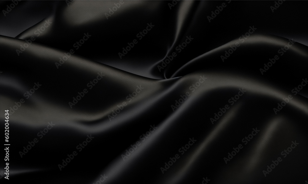 Black silk satin. Dark elegant background with space for design. Creases in fabric. Shiny, soft, smooth. Wide banner. Panoramic. Template (Generative AI) - obrazy, fototapety, plakaty 