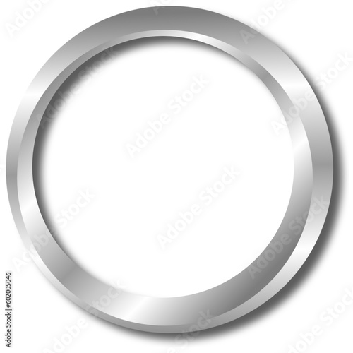 Silver metal frame with transparent background. 3d Platinum ring illustration. Shiny metallic silver circle. Empty blank circular shape for design marking element.