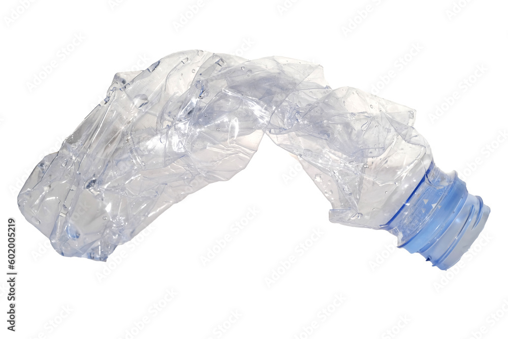 Crumpled plastic bottle trash isolated on white background. Environmental pollution - obrazy, fototapety, plakaty 