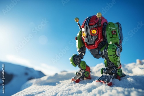 Illustrated robot with red and green stands on snow under blue sky. Generative AI