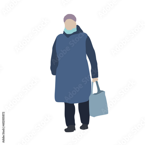 Woman walking down the street in winter. City vector flat infographics.