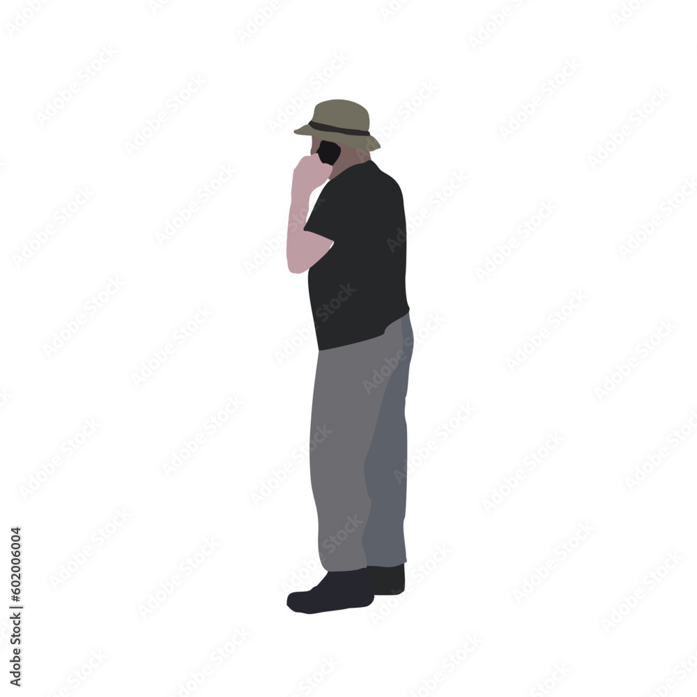 Vector drawing of a walking elderly man in summer clothes. Flat image. City infographic