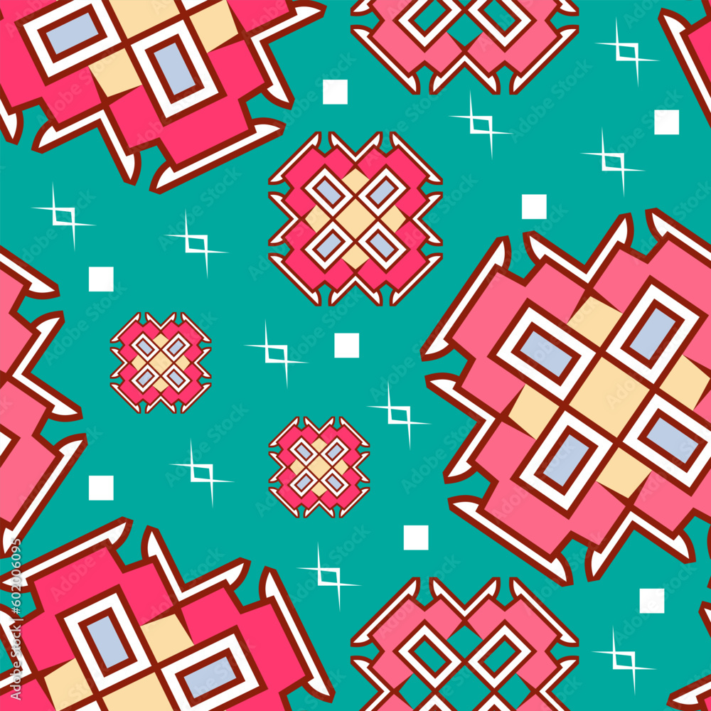 Seamless pattern with decorative pink elements and small white shapes on a blue-green background. Vector illustration Seamless pattern with decorative pink elements and small white shapes on a blue-green background. Vector illustration