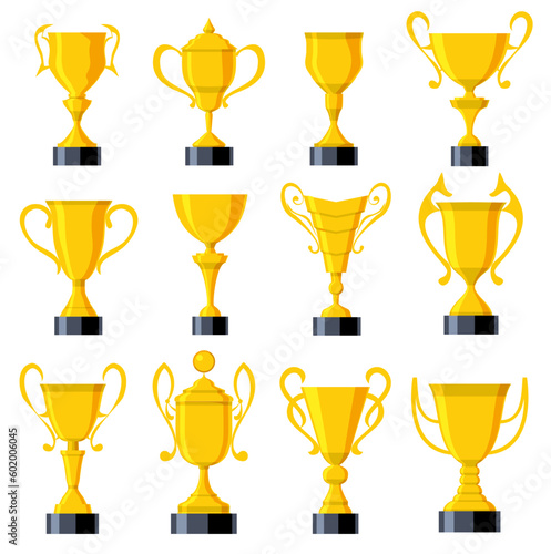 Set of golden trophy vector cup, champion. Sport award, icons isolated on white background. Colored flat illustration