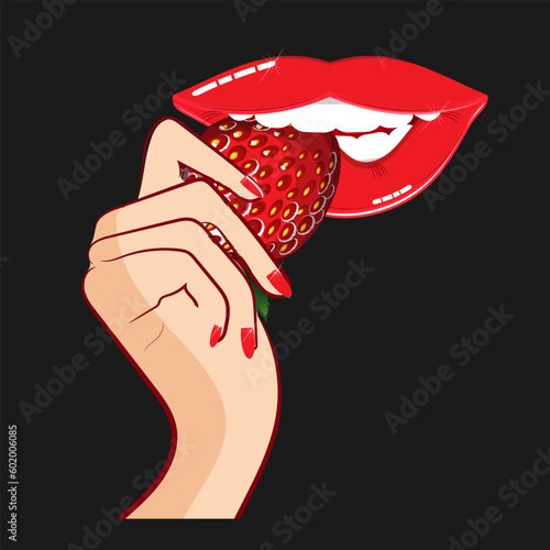 Scarlet female lips and a hand with strawberries. A woman is eating strawberries. Icon, symbol, sign, emblem. The stylized image on a dark background. Vector illustration