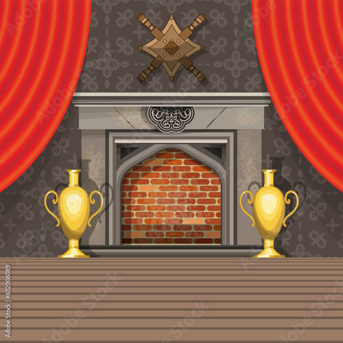 Fireplace room with large floor vases, red draperies and wooden floors. Vector illustration