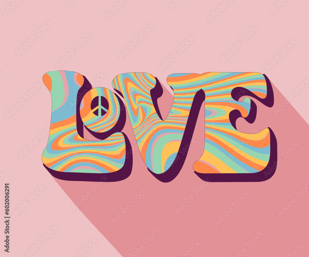 Groovy retro poster with word Love. Cool groovy Valentines message colorful vector clipart. Illustration on on a pink background with a long shadow. Groovy hippie sixties boho style