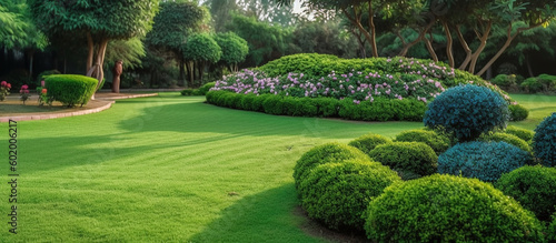Fotografie, Obraz park outdoor manicured lawn and flowerbed AI generated image