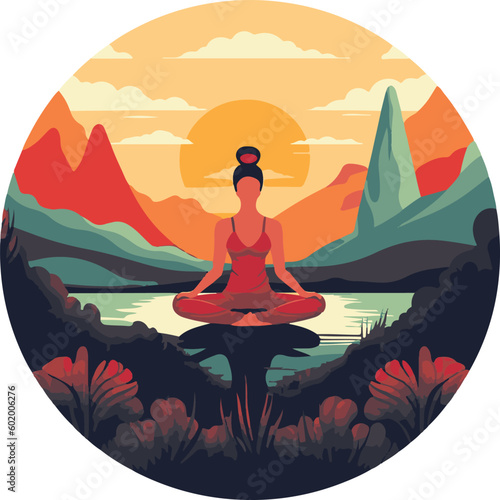 Young woman sitting and doing meditation practice while dress in comfortable yoga clothes. With sunset over a mountain range, with warm hues of orange in the sky.