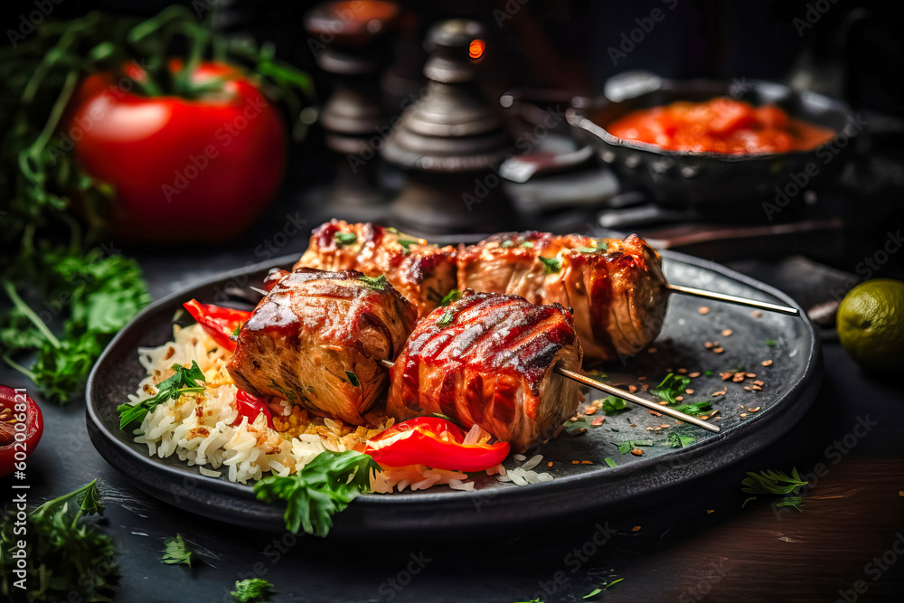 Appetitive Grilled meat shashlik, shish kebab with vegetables on wooden board. Good food.