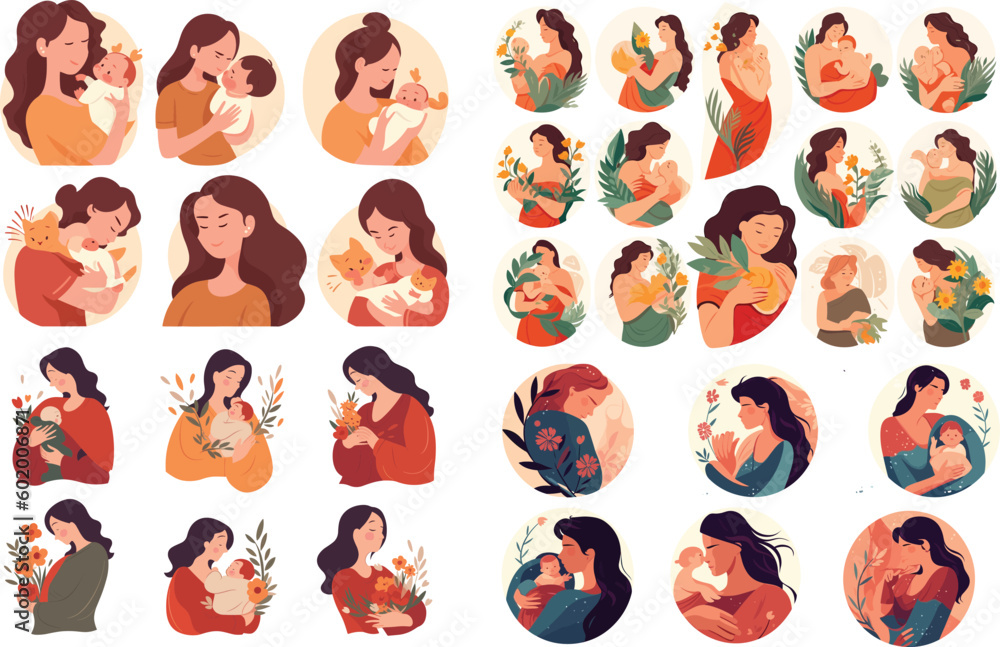 Mother's day. Beautiful woman holds a baby in her arms, mom hugs her children. Set of flat vector icon illustration design banner or templates