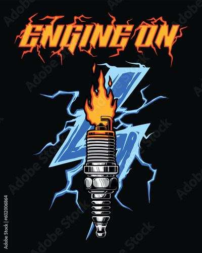 Engine spark plug with lightning background