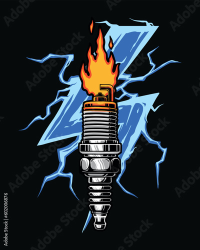 Engine spark plug with lightning background
