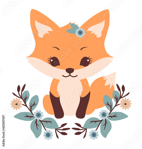 Cute fox with flowers, cartoon woodland animal. Vector illustration