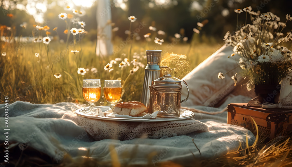 Obraz premium Summer picnic in the meadow. Two glasses of white wine on a plaid. Generative AI