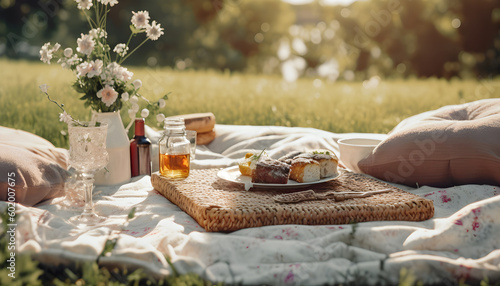 Coffee, tea and cookies on a picnic blanket in the forest. Generative AI