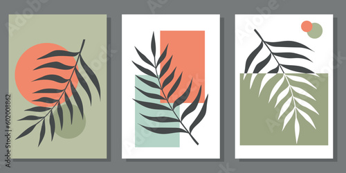 Set of creative minimalist paintings with botanical elements and orange and green shapes. For interior decoration, print and design