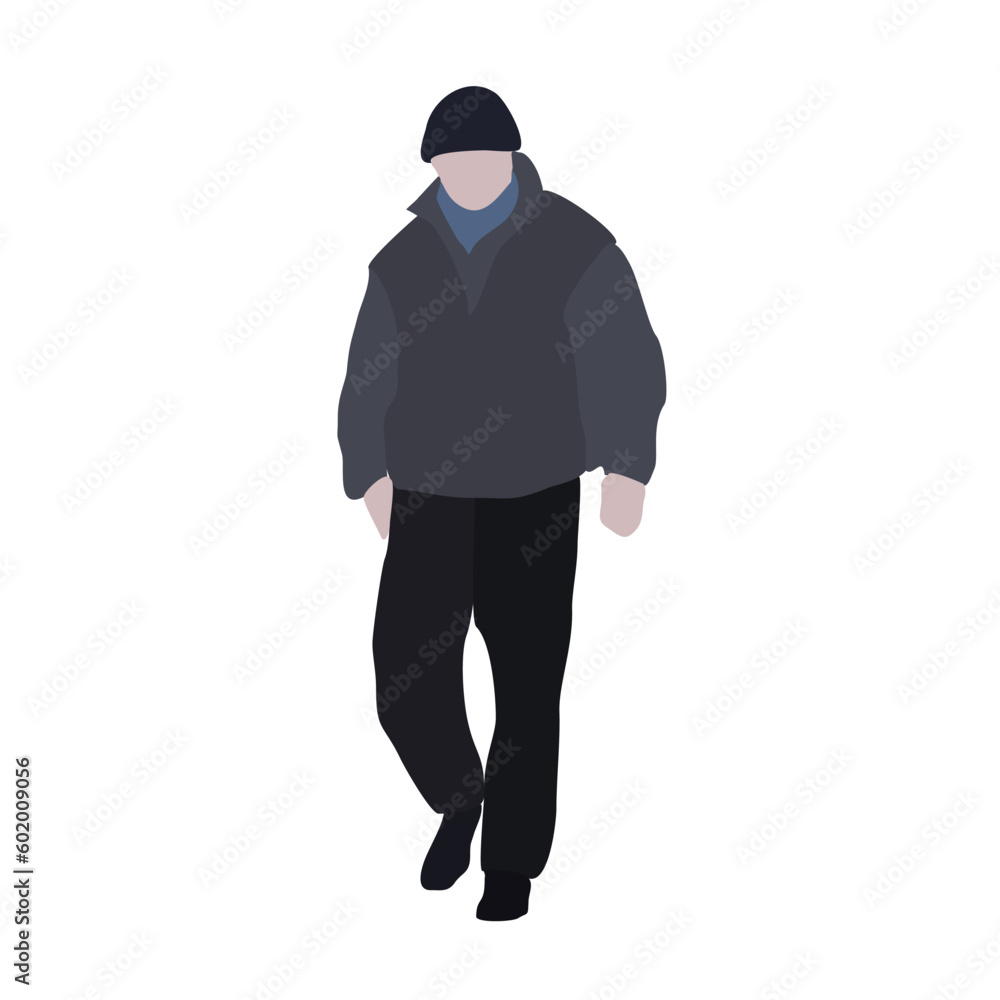A young guy is walking down the street in winter clothes. 2d image for use as an entourage. Vector flat city infographics.