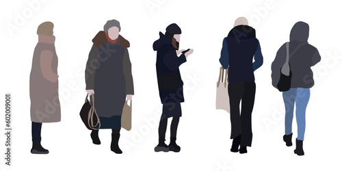 Set of drawings of women on the street in winter clothes. 2D image for use as an entourage. Vector flat city infographics.