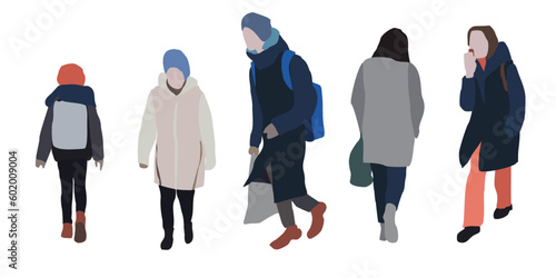 Set of drawings of women on the street in winter clothes. 2D image for use as an entourage. Vector flat city infographics.