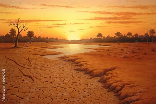 Dry land at sunset, representing drought and lack of water, climate change concept. Generative AI