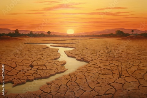 Dry land at sunset, representing drought and lack of water, climate change concept. Generative AI