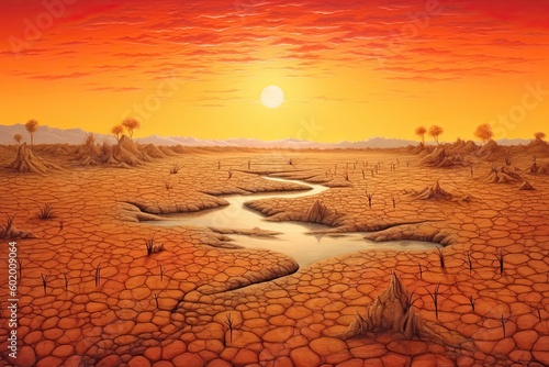 Dry land at sunset, representing drought and lack of water, climate change concept. Generative AI