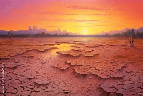Dry land at sunset, representing drought and lack of water, climate change concept. Generative AI