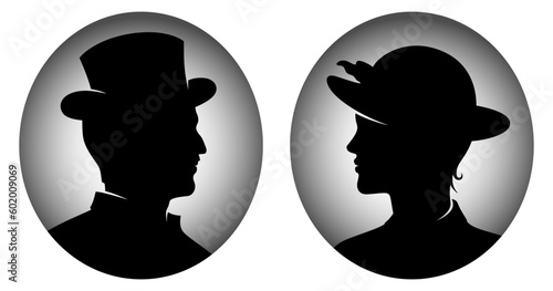 Victorian man and woman portraits in vintage style frames, black silhouette vector illustration.