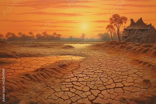 Dry land at sunset  representing drought and lack of water  climate change concept. Generative AI