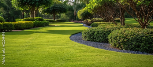 Fotografering park outdoor manicured lawn and flowerbed AI generated image