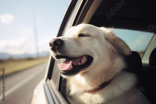 Happy dog enjoys the wind in its face and the thrill of the ride as it takes a fun-filled car journey with its human companion. AI Generative.