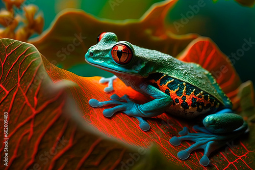 A close up of a frog on a leaf. Generative AI