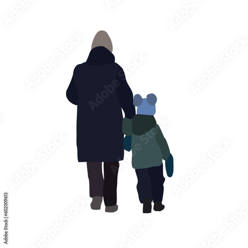Grandmother with her grandson in winter clothes is walking down the street. 2d image for use as an entourage. Vector flat city infographics.
