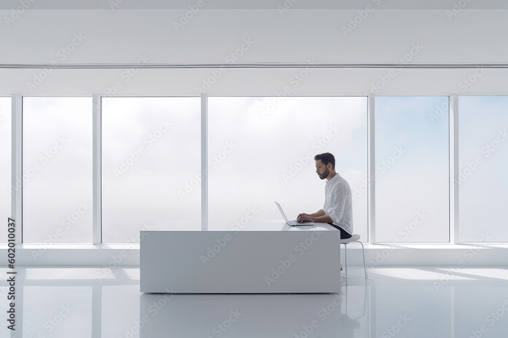 Man working on laptop in white office space Man working on laptop in white office space