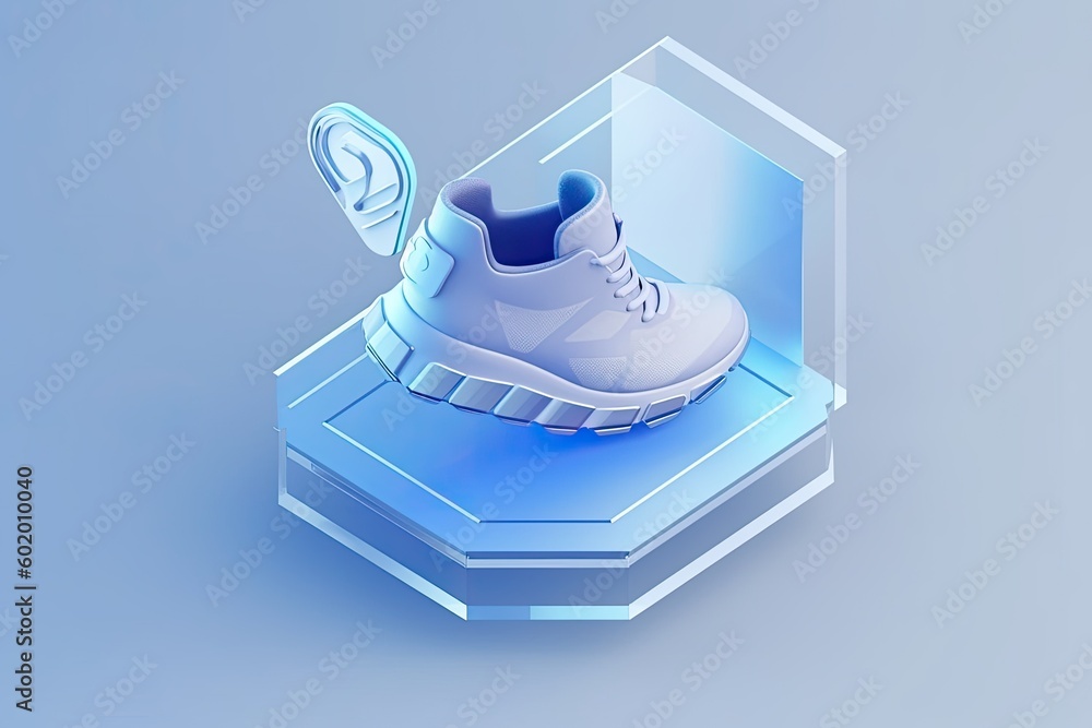 Isometric 3d cute sneakers on blue. Generative AI. Isometric 3d cute sneakers on blue. Generative AI.