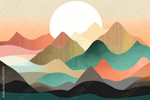 Illustration landscape with mountains art. Generative AI.