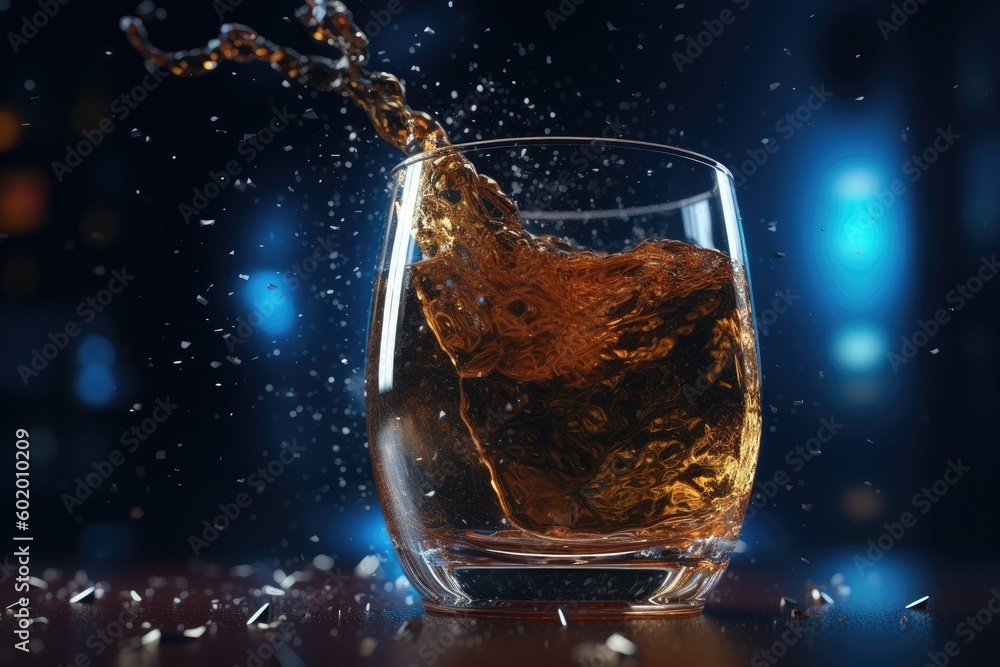 A glass of whiskey with splashes. Generative AI. A glass of whiskey with splashes. Generative AI.