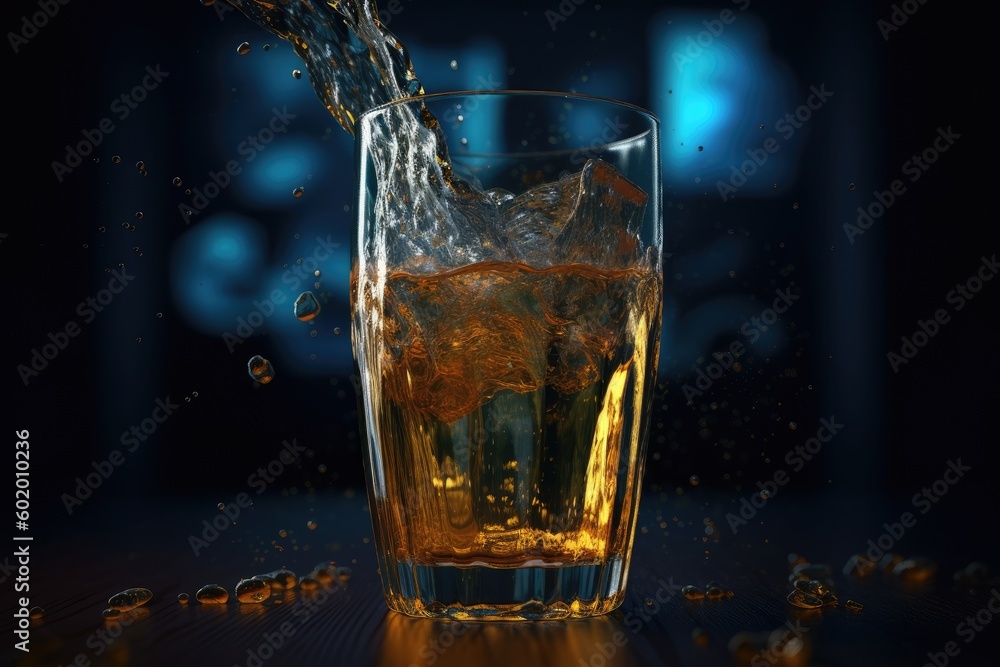 A glass of whiskey with splashes. Generative AI. A glass of whiskey with splashes. Generative AI.