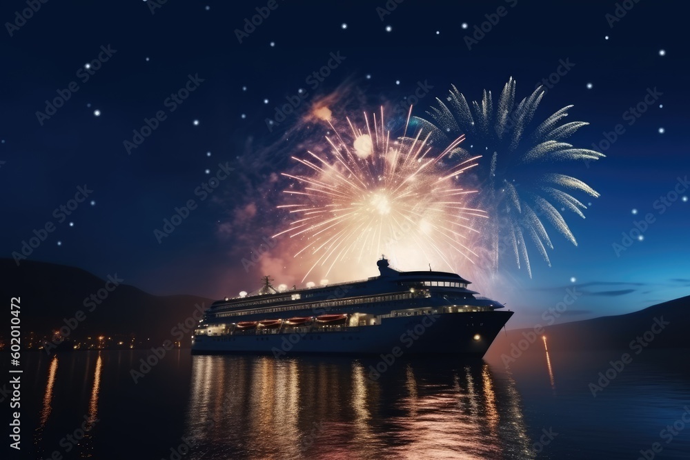 Cruise ship in the sea with colorful fireworks in the night background. Generative AI. - obrazy, fototapety, plakaty 