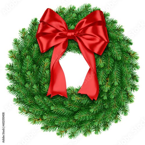 christmas wreath, red ribbon bow, isolated on white background