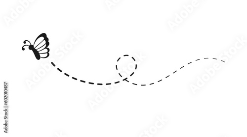 Flying Butterfly with Dotted Line Route Silhouette. Beautiful butterflies elegant insects with open wings trail. Vector design elements for spring and summer.