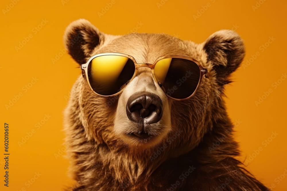 Fototapeta premium Fashionista bear A brown bear up close wearing sunglasses, showing off its fashion sense in the wild. Ideal for travel and adventure-themed designs. AI Generative.